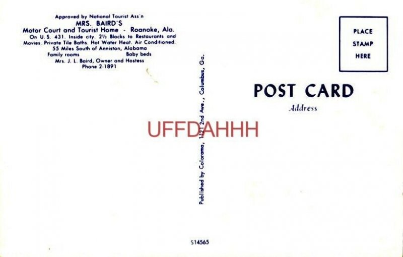 MRS. BAIRD'S MOTOR COURT AND TOURIST HOME, ROANOKE, AL. Mrs J L Baird, Owner