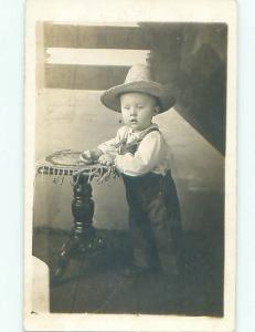 rppc Pre-1930 BOY IN HIS STRAW HAT AND OVERALLS AC7866