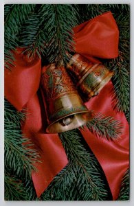 Christmas Greetings Beautiful Bells And Red Ribbon On Pine Tree Postcard L23