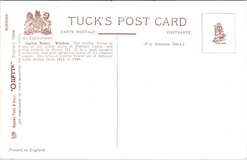 View of Curfew Tower, Windsor Castle Tucks 7939 Vintage Postcard A16