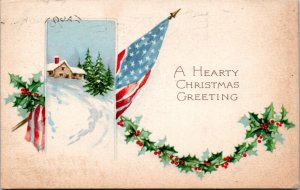 Postcard Gibson Patriotic Christmas - US Flag Holly Winter home scene