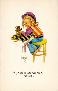 Artist Mabel Lucie Attwell Hippie Girl Its your Move Game of Chess Postcard W8