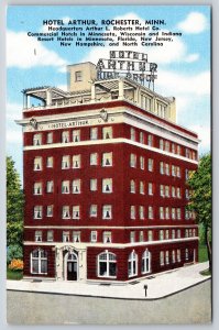 Rochester Minnesota~Panorama Hotel Arthur On Corner~Vintage Linen Postcard
