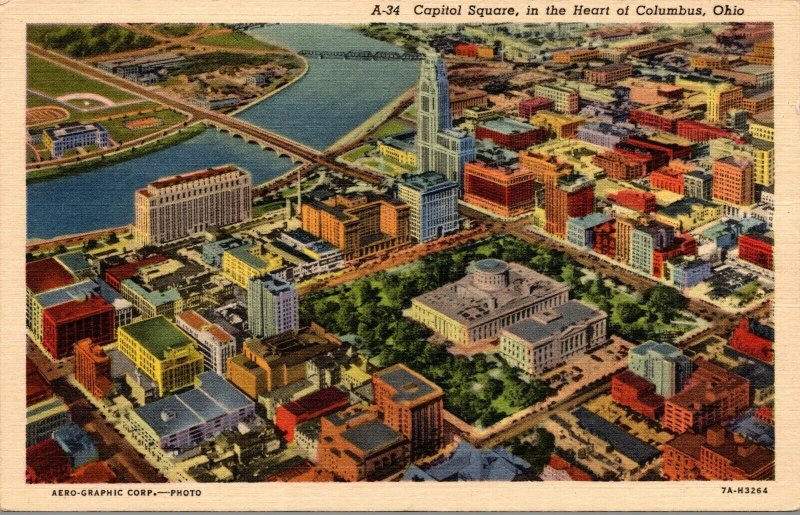 VTG 1930's Aerial View State Capitol Square Heart of Columbus Ohio OH Postcard