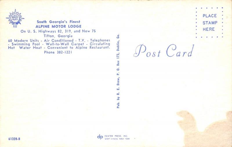 Tifton Georgia 1960s Postcard Alpine Motor Lodge