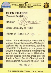 Glen Fraser Wellington NZ Rugby Team 1991 Hand Signed Card Photo