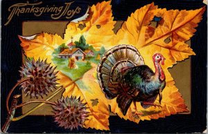 Postcard Thanksgiving Joys Turkey Chestnut Burs Church in the Background 1910 R3