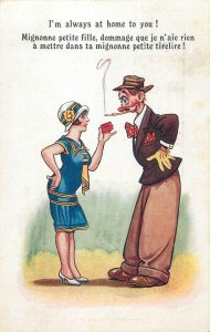 Humor comic caricature postcard woman and drunk man cigarette