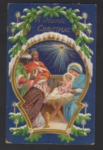 A Joyful Christmas Scene with Jesus in a Manger Mary Wise Men embossed pm19 ~ DB