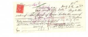 Brown Holder Biscuits, Moncton, New Brunswick, Cheque with Postage Stamp, 1934