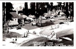 RPPC, Lake Tahoe CA California CHAMBERS LODGE Roadside Artist's View Postcard
