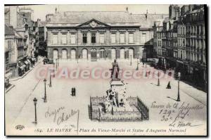 Old Postcard Le Havre Place du Vieux March and Statue of Augustin Normand