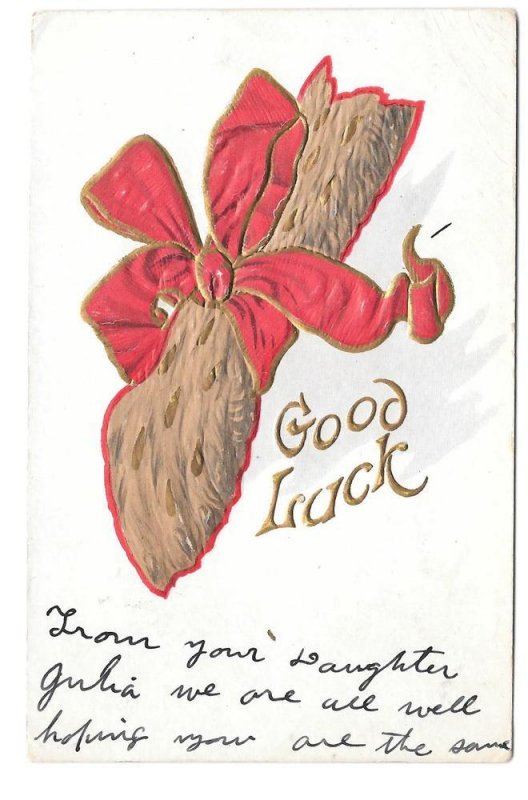 Good Luck Postcards Wishbone Horseshoe Rabbits Foot Red Bow