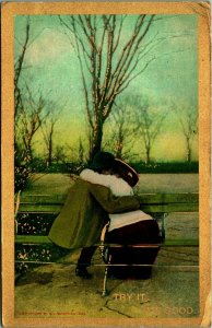 Novelty Romance Try It Its Good Kissing in Park 1909 DB Postcard