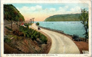 1920s Wm. Penn Highway and Susquehanna River near Harrisburg PA Postcard