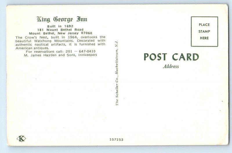 1960 Mount Bethel New Jersey Postcard King George Inn Road Crows Nest Restaurant