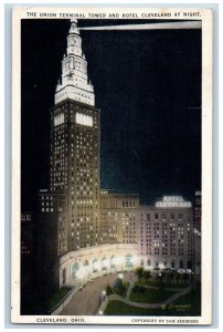 Cleveland Ohio OH Postcard Union Terminal Tower Hotel Night 1936 Vintage Antique