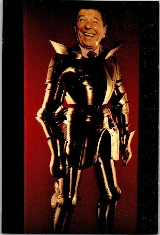 Comic Ronald Reagan in Suit of Armor Bad Photoshop Postcard R09