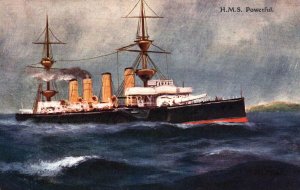 Postcard British Royal Navy HMS Powerful Faulkner Art c1900s