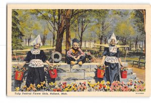 Holland Michigan MI Postcard 1930-1950 Tulip Festival Flower Girls