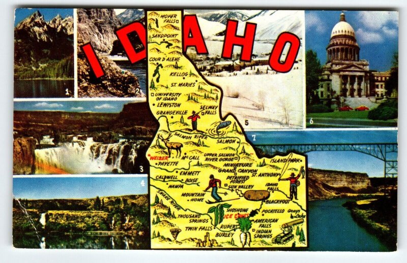 Postcard Idaho Map Chrome State Stanley Lake Hells Canyon Sun Valley Snake River