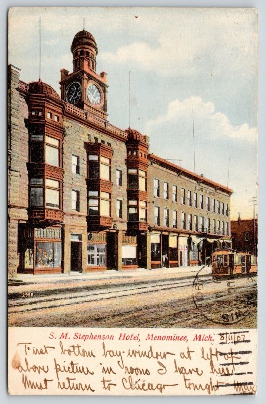 Menominee Michigan~Trolley at SM Stephenson Hotel~Clock~My Rooms Bay Window~1907 