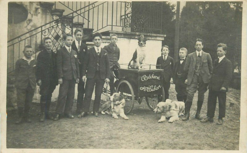 Social history Bakery A. Wickart advertising dogs tricycle group photography