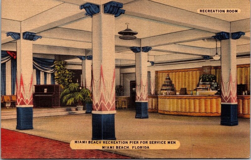 Miami Beach Recreation Pier Service Men Florida Postcard Recreation Room UNP Vtg 