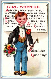 K47/ Valentine's Day Love Holiday Postcard c1910 Girl Wanted Boy Suit 8