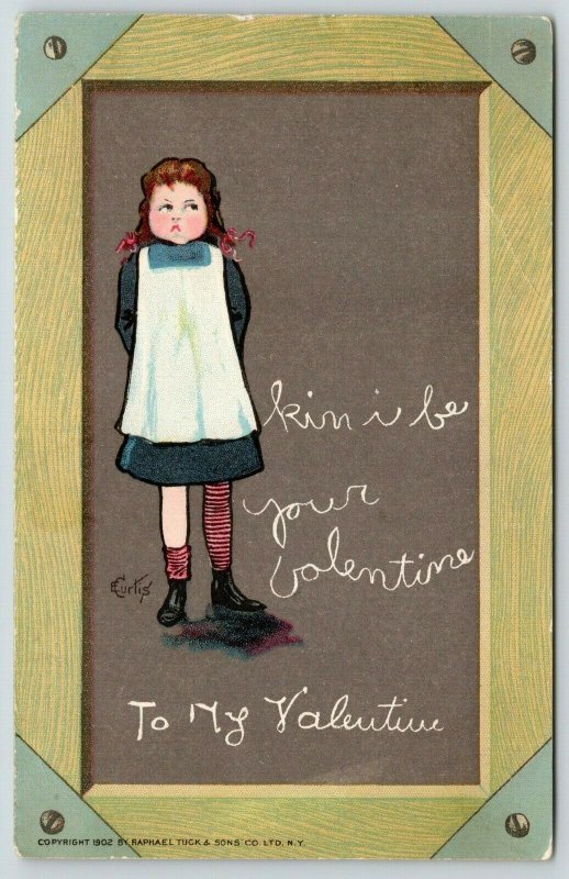 E Curtis Valentine~American Girl~Red Pig Tail Braids~Chalkboard Slate~1902 TUCK 