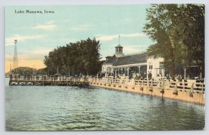 Lake Manawa Iowa~People Along Pier & Dock~Shops~c1910 Postcard