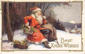 Santa Claus Gift Bag Sitting at Edge of Forest Merry Christmas 1924 postcard