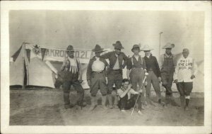 Group of Men Terre Haute IN Camp 1914 Written on Back AKRON Sign RPPC