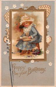 Happy Birthday Fancy Dressed Girl Reading Portrait Antique Postcard K72608 
