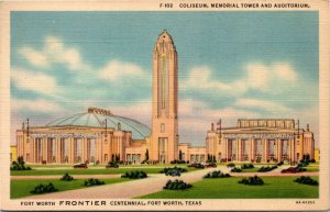 Postcard TX Fort Worth Coliseum Memorial Tower & Auditorium LINEN 1937 S54