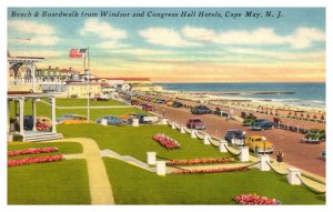 Vintage 1940s Postcard Beach & Boardwalk from Windsor & Congress Hall Hotels NJ