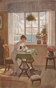 Lady writting letter to him. An ihn Fine painting vintage Danish postcard