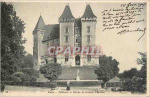 Old Postcard Pau castle and statue of Gaston Phobus