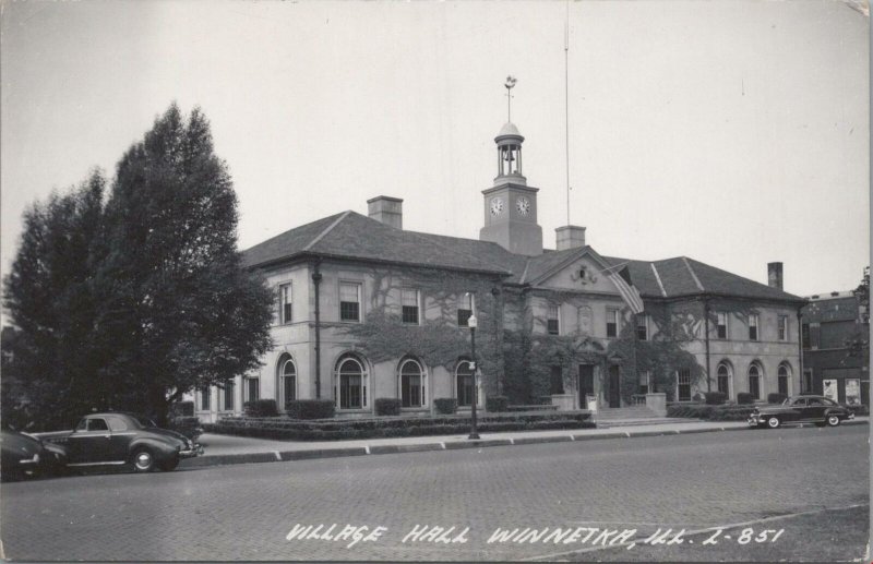 RPPC Postcard Village Hall Winnetka IL Vintage Cars