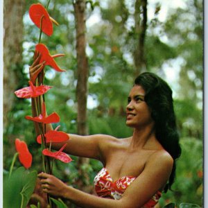 c1970s Pahoa HI Cute Lovely Native Girl Flowers Hawaiian Antheriums Lady PC A234