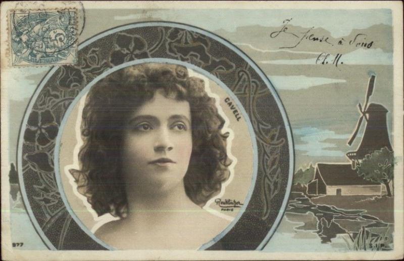 Beautiful Woman CAVELL Windmill & Art Nouveau Tinted Real Photo Postcard