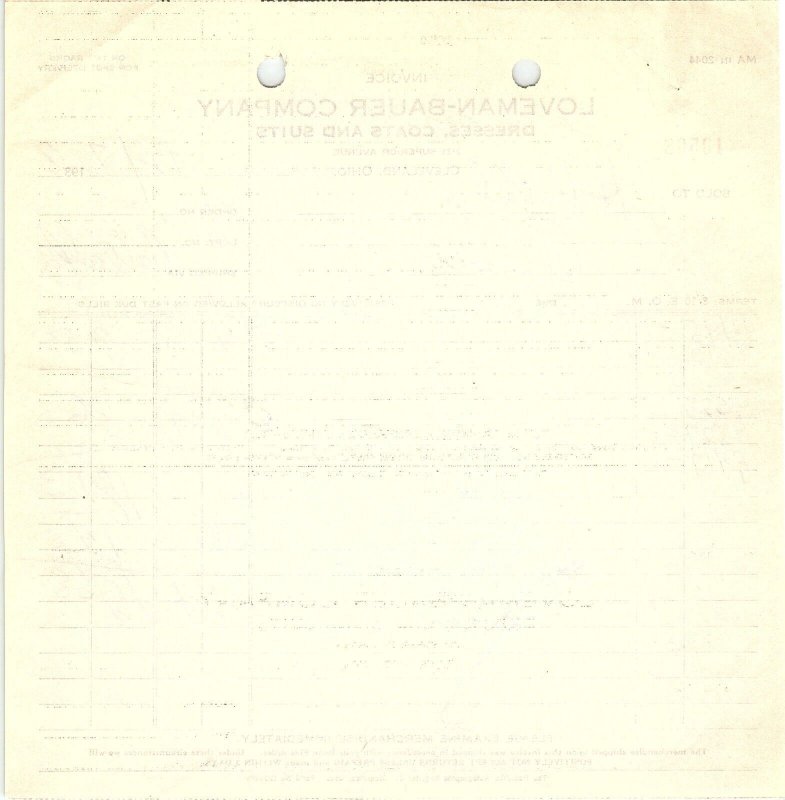 1938 LOVEMAN-BAUER CO. CLEVELAND OH DRESSES COATS SUITS BILLHEAD INVOICE Z1028