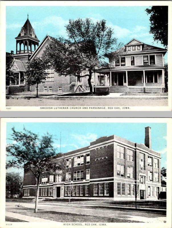 2~ca1920's Postcards Red Oak, IA Iowa  SWEDISH LUTHERAN CHURCH & HIGH SCHOOL