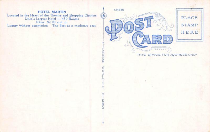 Hotel Martin, Utica, New York, Early Linen Postcard, Unused