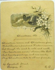 1887 Christmas Card Lovely Poem Bells White Flowers Fabulous! P89
