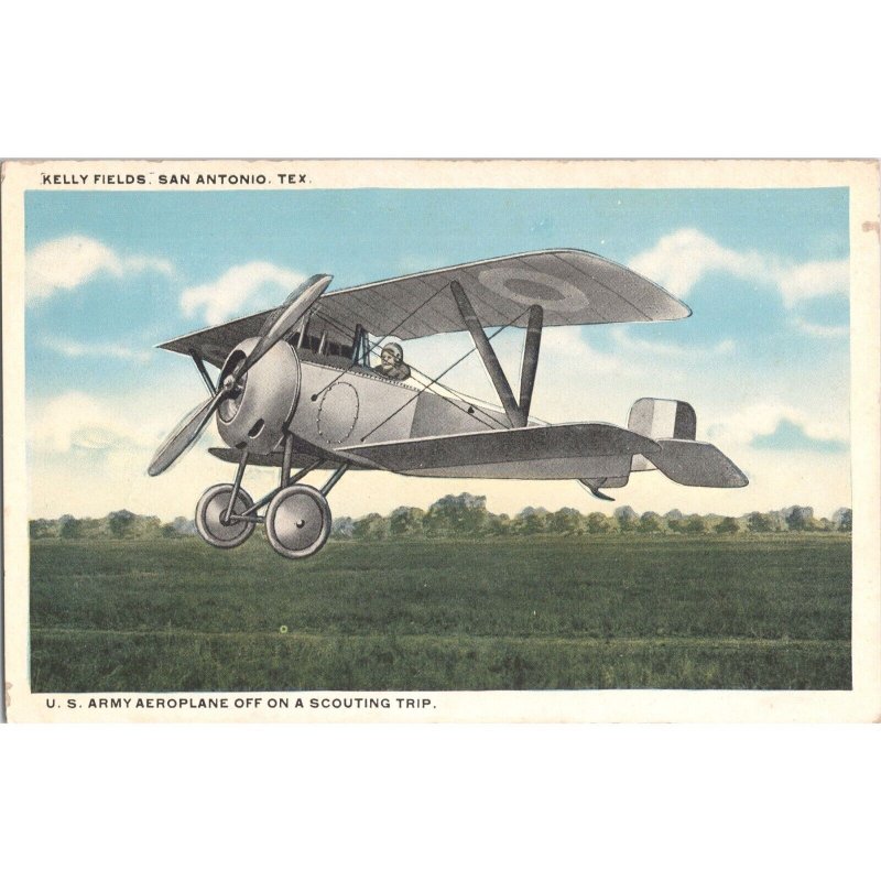 Original Early 1900s Postcard KELLY FIELDS San Antonio, TX Bi-Plane US Army