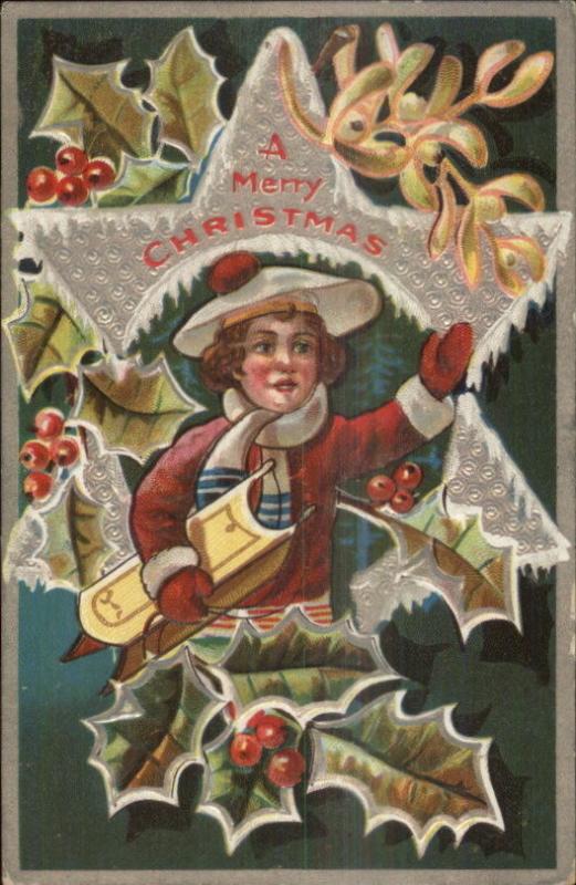 Christmas - Little Boy w/ Sled -Silver Star Border c1910 Postcard