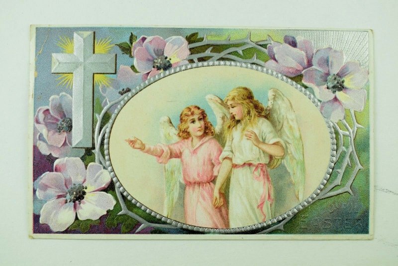 Embossed C. 1910 Easter Postcard Two Angels Briars & Flowers P77