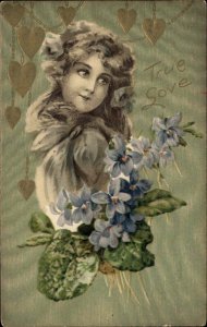 Valentine Art Nouveau Beautiful Woman Among Flowers c1910 Vintage Postcard