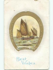 Pre-Linen NAUTICAL THEME - SAILBOAT BOAT IN LUCKY HORSESHOE k7529